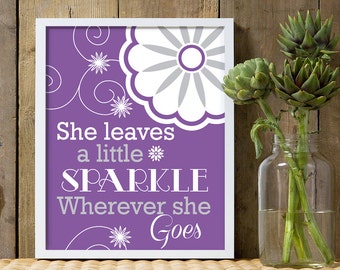 She leaves a little sparkle wherever she goes, girls purple quote, purple and gray nursery, girls purple prints, purple art prints for girls