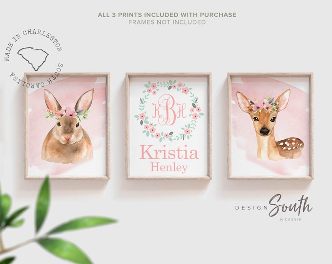 Woodland nursery art prints baby girl pink, animal wall decor for little girls room, monogram personalized first and middle name, bunny deer