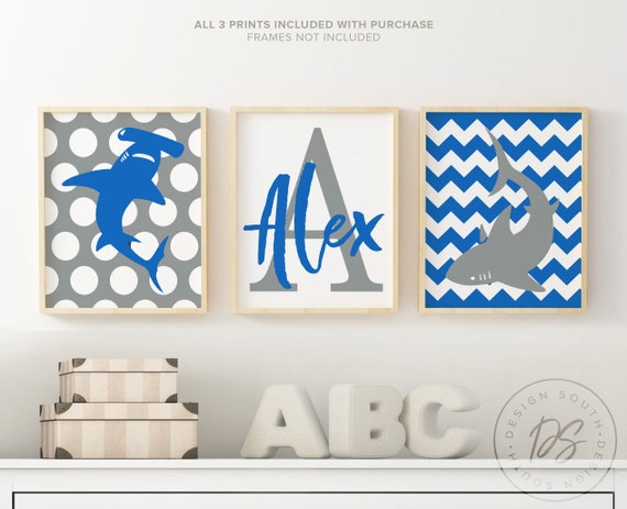 Cobalt Blue And Gray Boys Sharks Boys Bedroom Sharks Blue Boys Nursery Sharks Boys Shark Monogram Shark Decor Shark Wall Art Prints