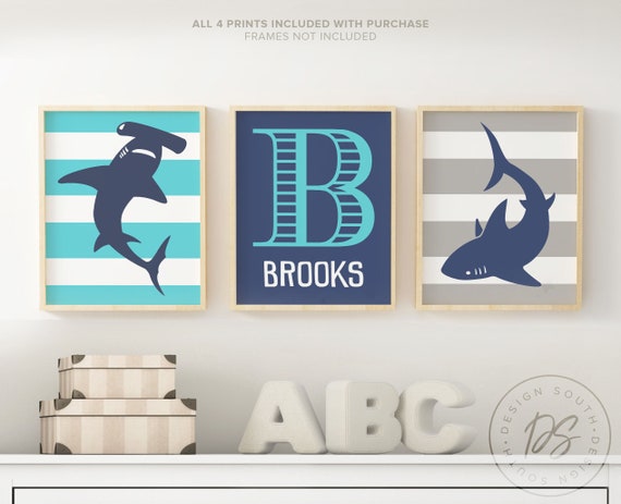 Blue Gray Shark Toddler Room Decor Kids Shark Art Boys Bedroom Ideas Personalized Decor Kid Boy Monogram Shark Theme Wall Art Boy Gift