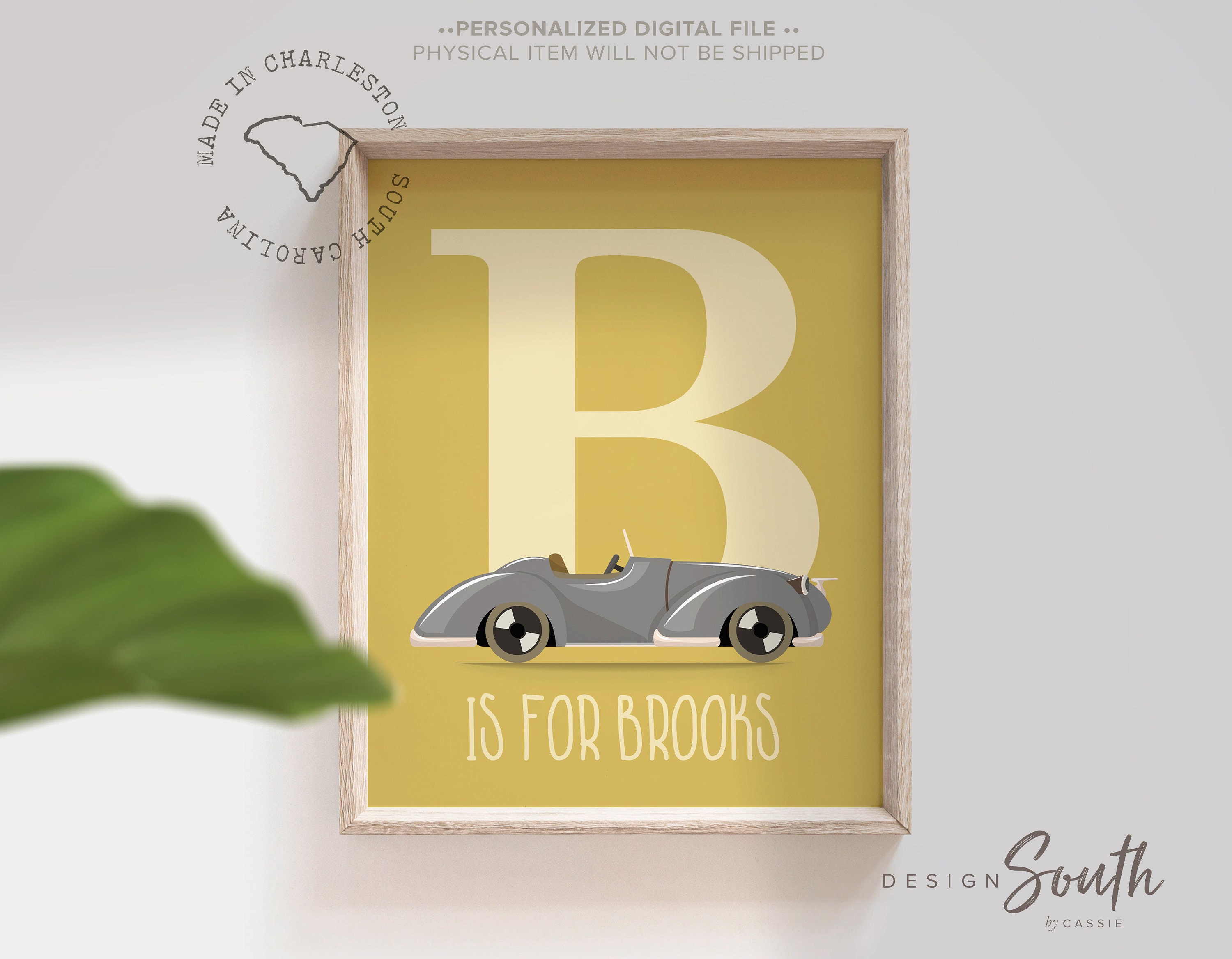 Yellow Gray Boys Room Wall Art Car Themed Decor Mustard Yellow Boy Decor Personalized Name Initial Car Art Boys Name Art Boys Name Decor