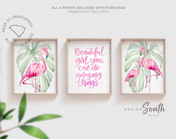 Pink flamingo girl room art, hot pink and green tropical bedroom prints, flamingos with pink watercolor and leaves, beautiful quote for girl