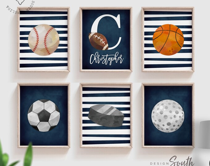 Sports collection print set boys name, sports theme wall pictures, sports art personalized gift, baseball football kids wall art boy nursery