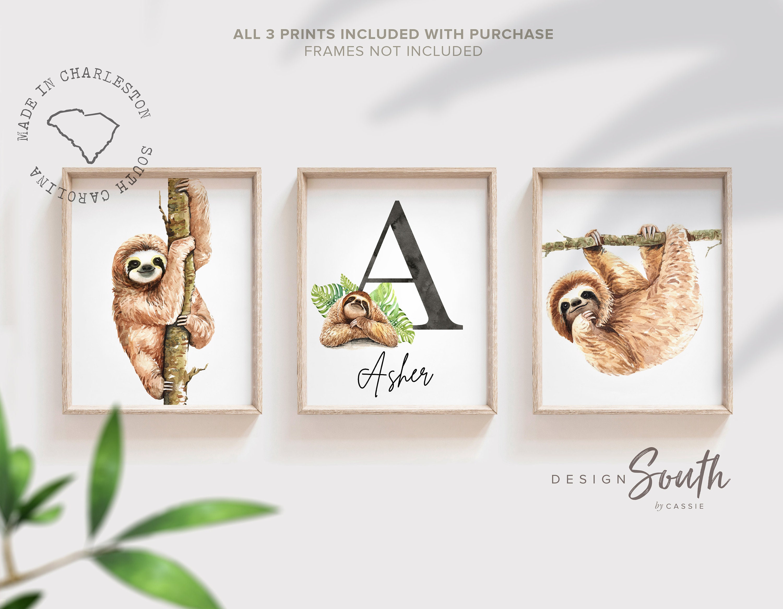Sloth decor, tropical boy baby shower, sloth wall art prints for baby