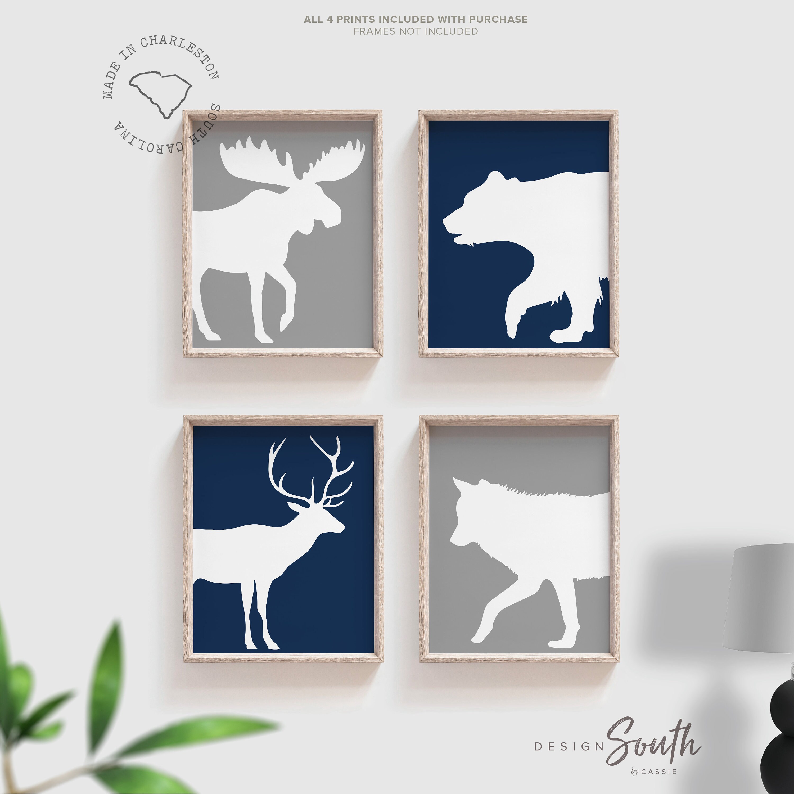 Woodland wall art navy blue gray, boy's bedroom, boy's ...