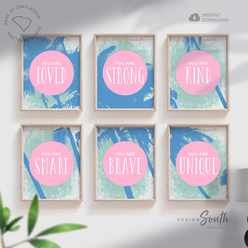 Little girl room decor pink blue room decor toddler girl room decor girl room wall pink blue summer vintage surf style printable art set