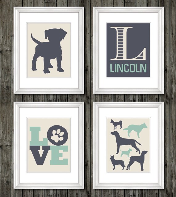 Puppy Nursery Decor For Boys Navy Blue Rustic Personalized Name Art Boys Bedroom Love Decor Paw Print Dog Prints For Bedroom Boys Art
