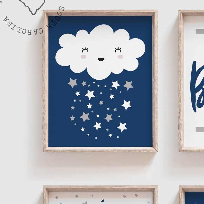 Navy Blue and Gray Boys Nursery Wall Art Moon Star Clouds Etsy