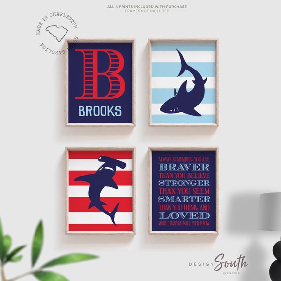Boys Bedroom Sharks Baby Blue Navy Blue And Red Shark Theme Personalized Decor Quote For Boys Bedroom Shark Art Shark Wall Art Decor