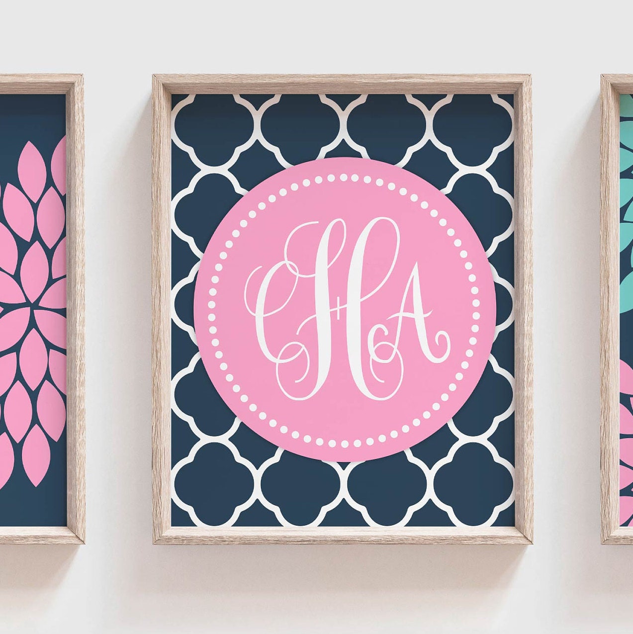 Pink teal wall art, custom wall art, teal pink and grey