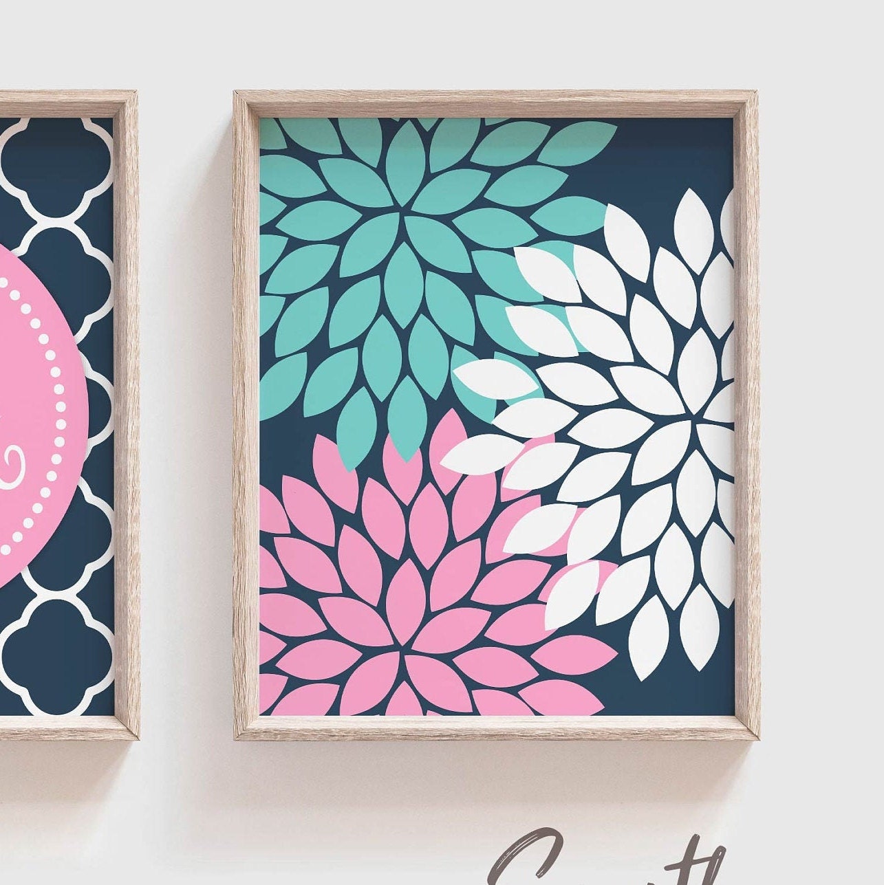 Pink teal wall art custom wall art teal pink and grey art Etsy