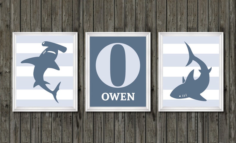 Boys Shark Bedroom Personalized Blue Print Decor Toddler Room Kids Nautical Stripe Beach Blues Pottery Barn
