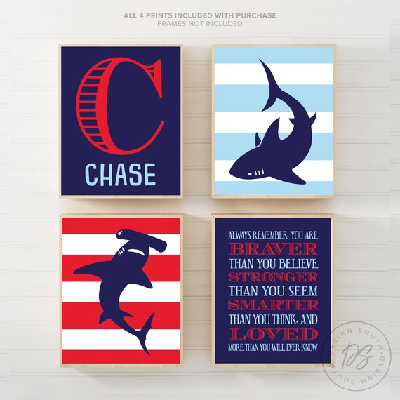 Boys Bedroom Sharks Baby Blue Navy Blue And Red Shark Theme Personalized Decor Quote For Boys Bedroom Shark Art Shark Wall Art Decor