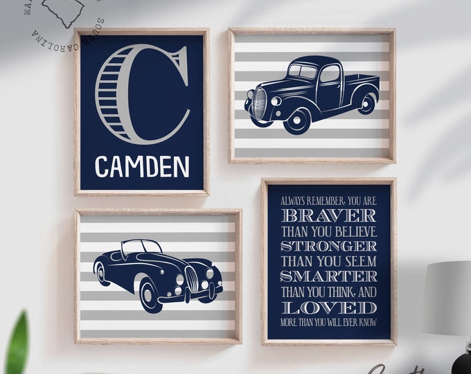 Vintage car and truck prints, vintage nursery, navy blue, gray, transportation nursery theme, boys car nursery, cars, classic car nursery