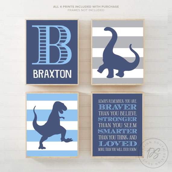 Blue Dinosaurs Boys Dinosaurs Blue Gray Dinosaur Personalized Dinosaur Customized Bedroom Wall Art Blue And Gray Boys Bedroom Wall Decor