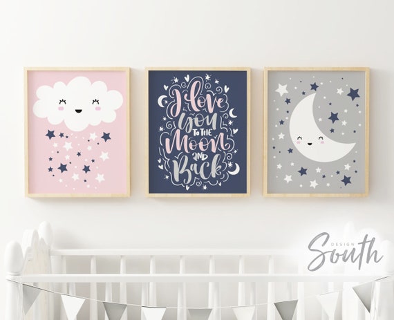 Navy Pink Nursery Art To The Moon And Back Pink Navy Baby Girl Pink Navy Moon And Stars Nursery Decor Girl Twinkle Twinkle Little Star