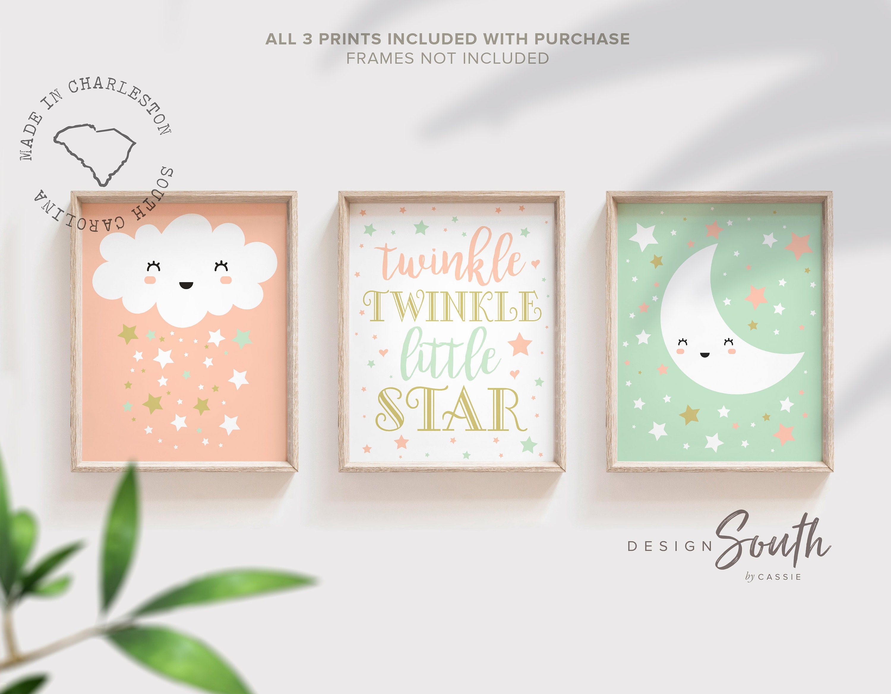 Coral Mint Gold Twinkle Twinkle Moon Cloud Stars Baby Girl Nursery Gift For Baby Shower Cloud Stars Baby Shower Little Girl S Room Art