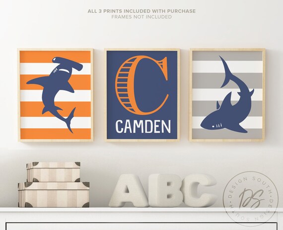 Orange Shark Boy Bedroom Wall Art Orange Shark Decor For Boy Shark Wall Print Orange Baby Boy Shark Personalized Shark Nursery Name Art