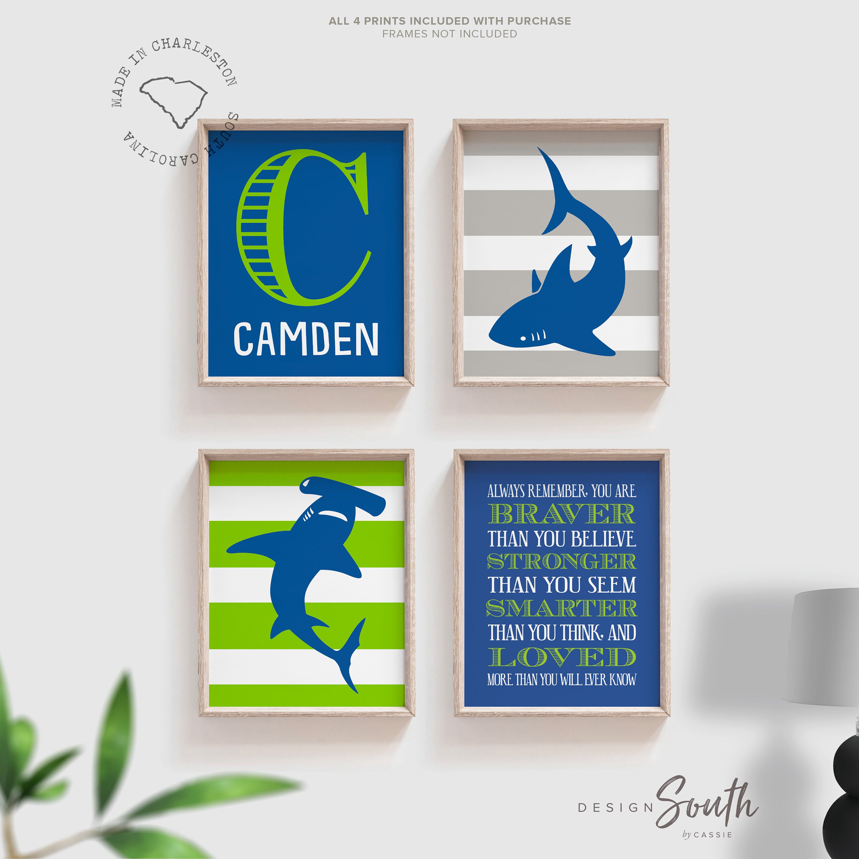 Cobalt Blue Shark Lime Green Shark Bedroom Boy Prints Cobalt