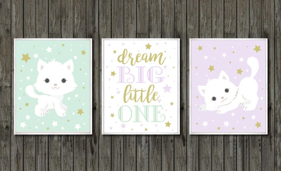 Kitten Art Kitten Wall Decor Kitty Cat Girl Bedroom Cat Theme Nursery White Kitten Art Mint Lavender Lilac Gold Gift For Girl Kitties