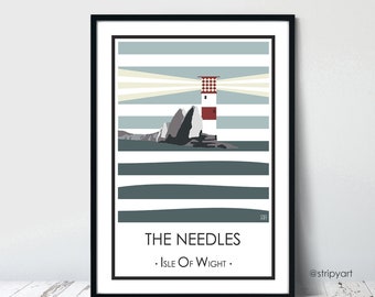 THE NEEDLES. Isle of Wight. Lighthouse graphic design travel poster. High quality print. Coastal posters for the home. Stripe retro designs.