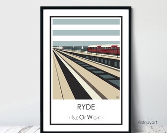 RYDE TRAIN Isle of Wight. Graphic travel poster. High quality art print. Coastal posters for the home. Stripe retro designs. Scooter Rally