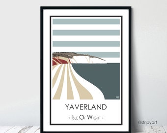 YAVERLAND, Sandown, Blue, Isle of Wight. Graphic travel poster. High quality art print. Coastal posters for the home. Stripe retro designs.