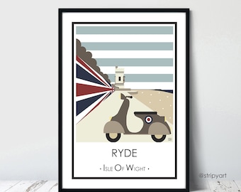 RYDE SCOOTER Isle of Wight. Graphic travel poster. High quality art print. Coastal posters for the home. Stripe retro designs. Scooter Rally