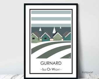 GURNARD. White boats. Isle of Wight. Graphic design travel poster. High quality print. Coastal posters for the home. Stripe beach huts.