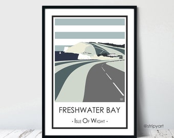 FRESHWATER BAY (military road) Blue. Isle of Wight. Travel poster. High quality print. Coastal posters for the home. Stripe retro designs.