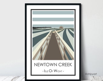 NEWTOWN CREEK, Isle of Wight. Graphic travel poster. High quality art print. Word Art, Coastal posters for the home. Stripe designs.