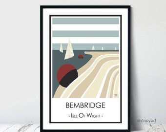 BEMBRIDGE. Isle of Wight. Graphic design travel poster. High quality print. Coastal posters for the home. Stripe retro designs.