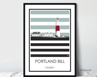 PORTLAND BILL Dorset, Graphic design travel poster. High quality lighthouse print. Travel word posters for the home. Stripe retro designs.