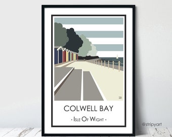 COLWELL BAY beach huts, Isle of Wight. Travel poster. High quality print. Coastal posters for the home. Stripe retro designs.