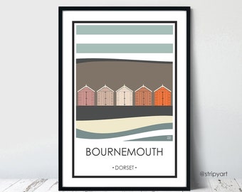 BOURNEMOUTH PINKS, DORSET. Beach huts. Graphic travel poster. High quality print. Coastal posters for the home. Stripe retro designs.