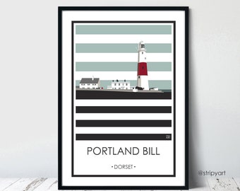 PORTLAND BILL, DORSET. Graphic travel poster. High quality Weymouth print. Coastal posters for the home. Stripe retro designs.