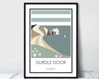 DURDLE DOOR & DAISIES, Dorset. Graphic design travel poster. High quality Dorset print. Coastal poster for the home. Stripe designs.