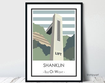 ASCENSEUR SHANKLIN. Impression de conception de bâtiment écologique. L'art des mots. Affiches de voyage de haute qualité sur l'île de Wight. Maison. Dessins rétro à rayures.