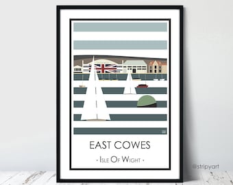 EAST COWES, Isle of Wight. Graphic design travel poster. Union Jack. High quality print. Coastal posters for the home. Stripe designs.