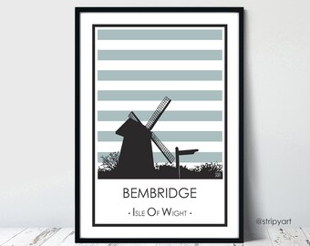 BEMBRIDGE WINDMILL in blue. Isle of Wight. Graphic travel poster. High quality print. Coastal posters for the home. Stripe retro designs.