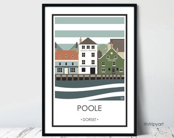 POOLE QUAY, DORSET. Beach huts. Graphic travel poster. High quality print. Coastal posters for the home. Stripe retro designs.