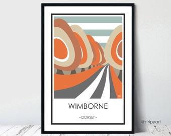 WIMBORNE, Beech Avenue, autumn leaves. Dorset. Graphic design travel poster print. Vintage style posters. Homestyle. Stripe retro designs.