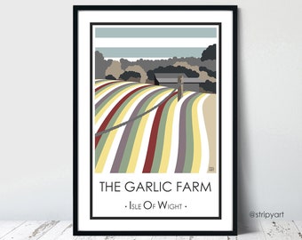 THE GARLIC FARM. Isle of Wight. Graphic travel poster. High quality print. Flower posters for the home. Stripe word art designs.