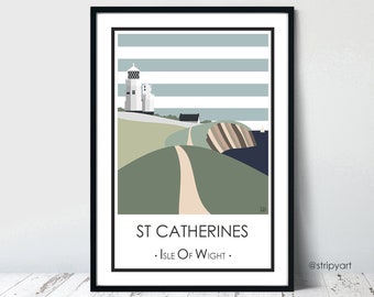 St Catherine's Lighthouse.Isle of Wight. Grafikdesign Reiseplakat. Hochwertiger Druck. Küstenposter für zu Hause. Streifen Retro-Design