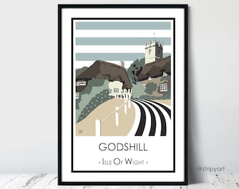 Godshill, Isle of Wight. Blue. Graphic design travel poster. High quality print. Travel word posters for the home. Stripe retro designs.