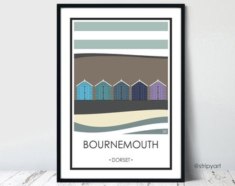 BOURNEMOUTH BLUES, DORSET. Beach huts. Graphic travel poster. High quality print. Coastal posters for the home. Stripe retro designs.