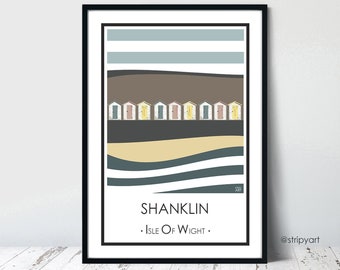 SHANKLIN (blue) Isle of Wight. Graphic travel poster. High quality art print. Coastal posters for the home. Stripe retro designs. Souvenirs