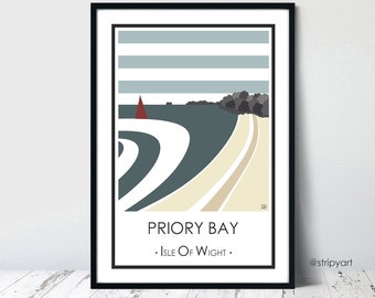 PRIORY BAY. Isle of Wight. Graphic design travel poster. High quality print. Coastal posters for the home. Stripe retro designs.