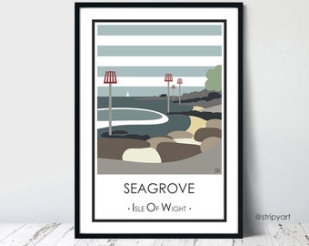 SEAGROVE BAY Isle of Wight. Graphic design travel poster. High quality print. Coastal posters for the home. Stripe retro designs.