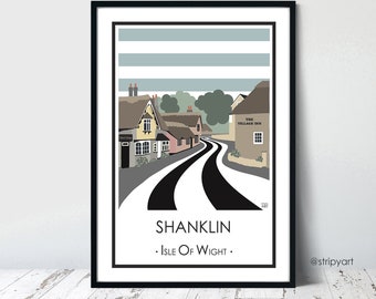 SHANKLIN OLD VILLAGE Isle of Wight. Graphic design travel poster. High quality print. Coastal posters for the home. Stripe retro designs.